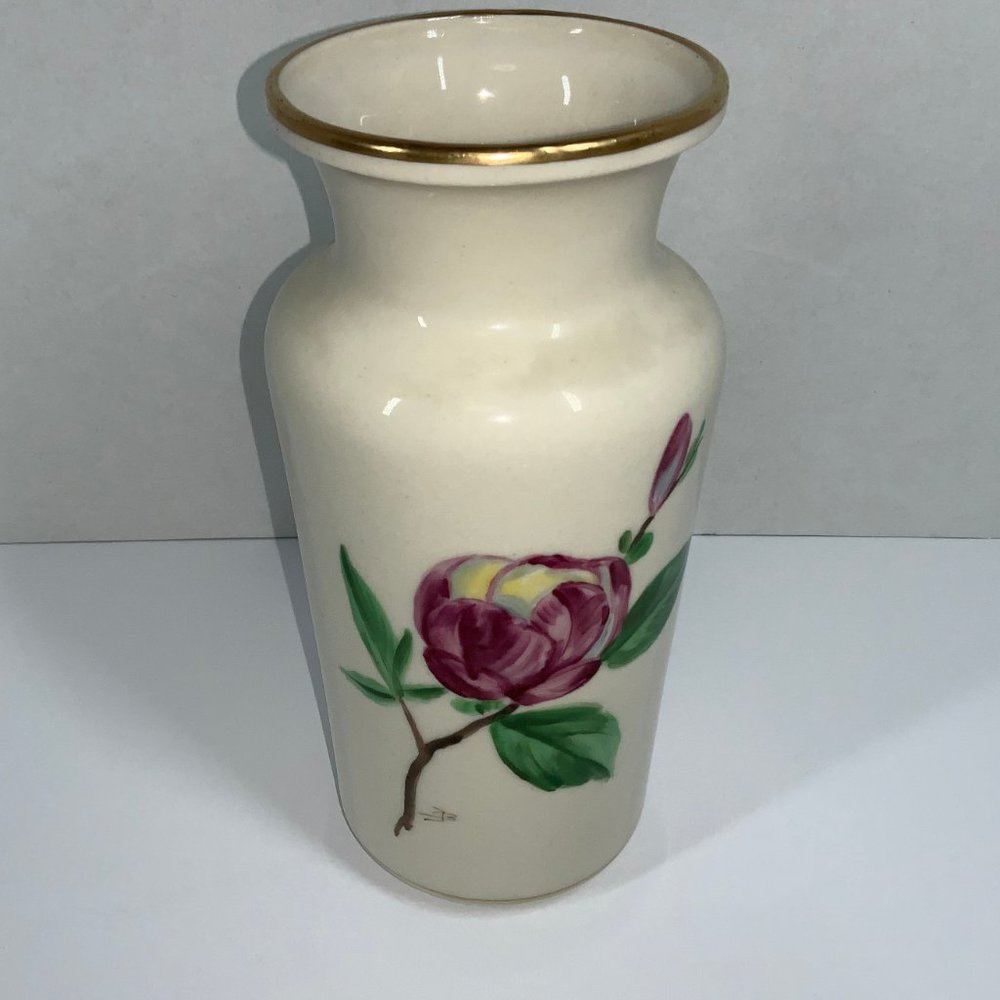 Vintage Cream Pink Flower 8" Hand Painted Vase Japan Flower Motif w/ Gold Accent